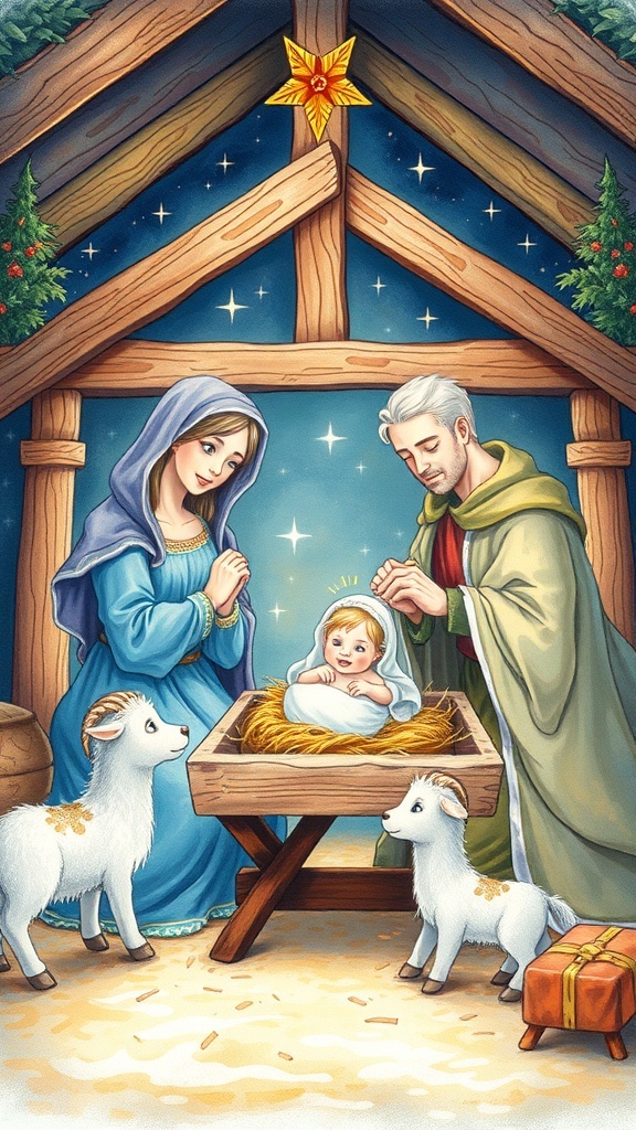 Christmas Nativity Scene Drawing Guide A detailed drawing of a nativity scene with Mary, Joseph, and baby Jesus in a manger, surrounded by animals and a starry background.